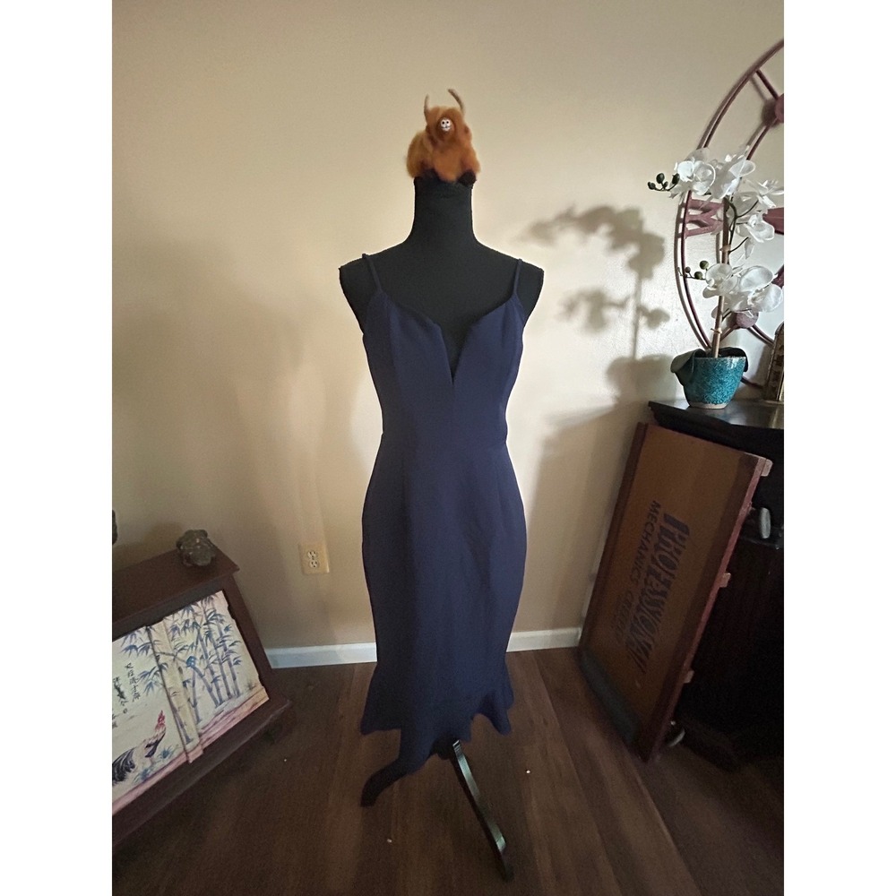 Bardot Navy Blue V-Neck Ruffle Hem Midi Dress Size 6 Cocktail Party Sheath